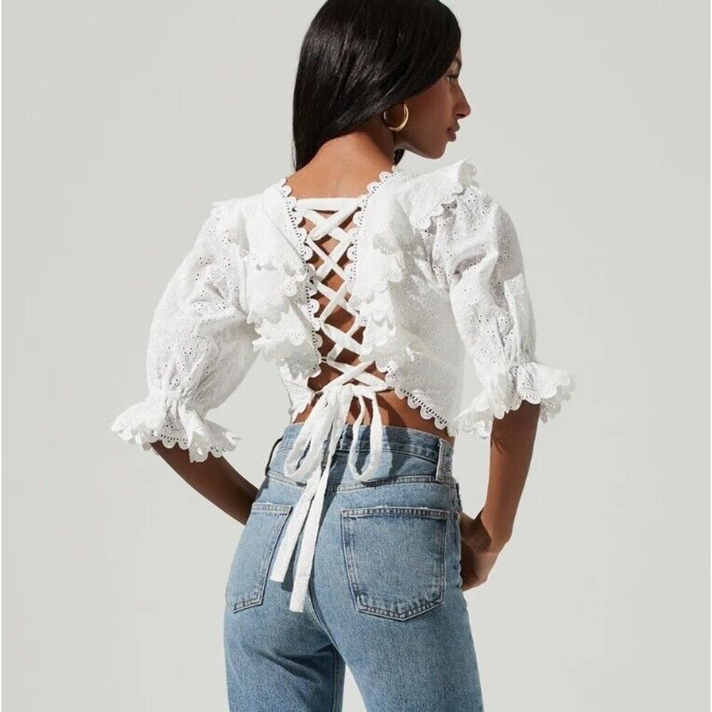 ASTR Lace Up Back Blouse Top Eyelet Cotton Ruffle Sleeve Crop
